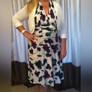 Evan Picone White Maxi Dress with Purple & Green Floral Print